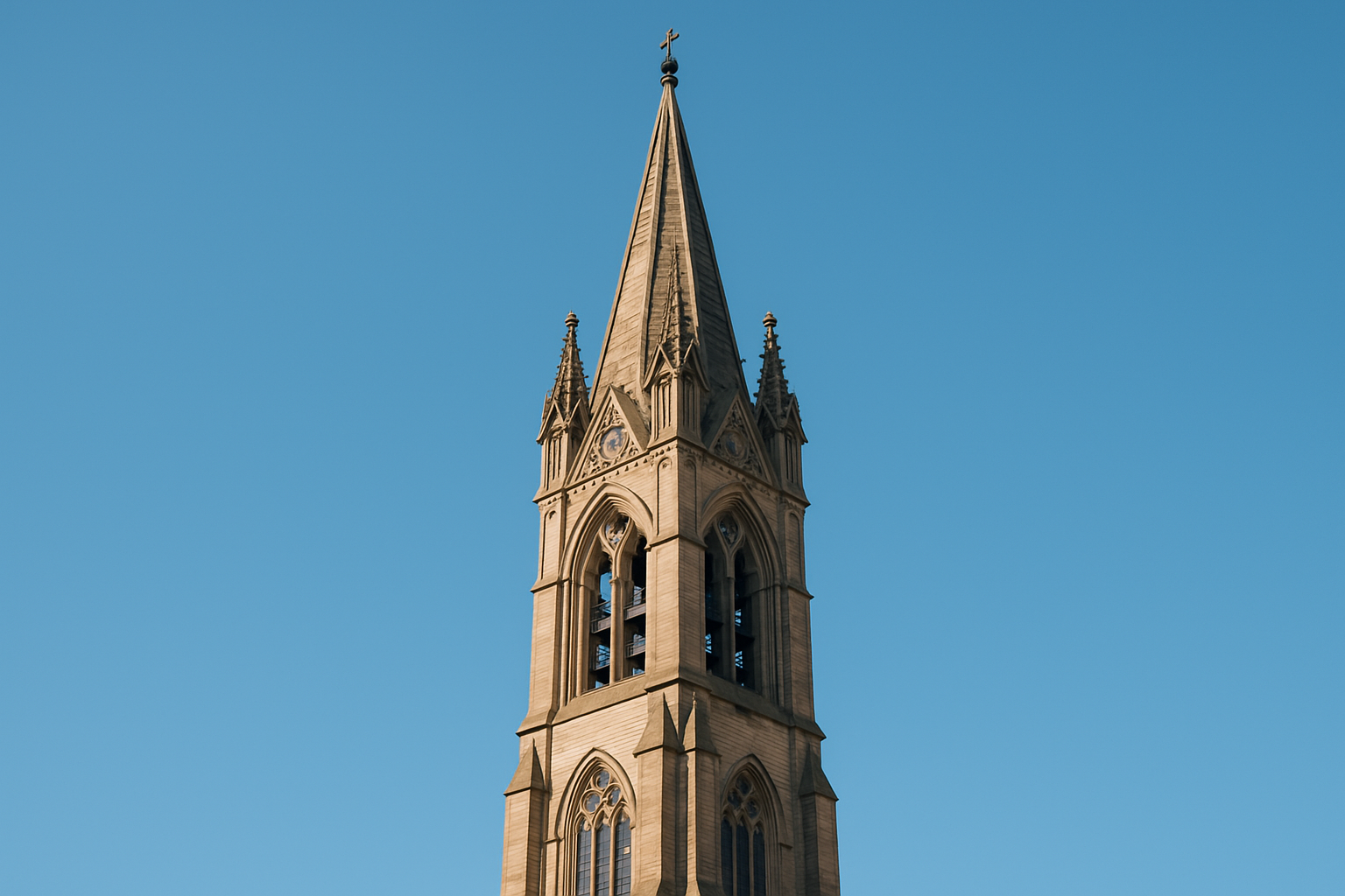 A detailed view of a Gothic church spire showcasing its height, intricate design, and bell tower function