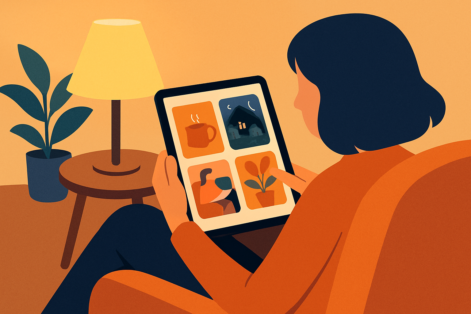 Choosing cozy graphic novels by browsing digital collections in a comfortable and inviting setting.