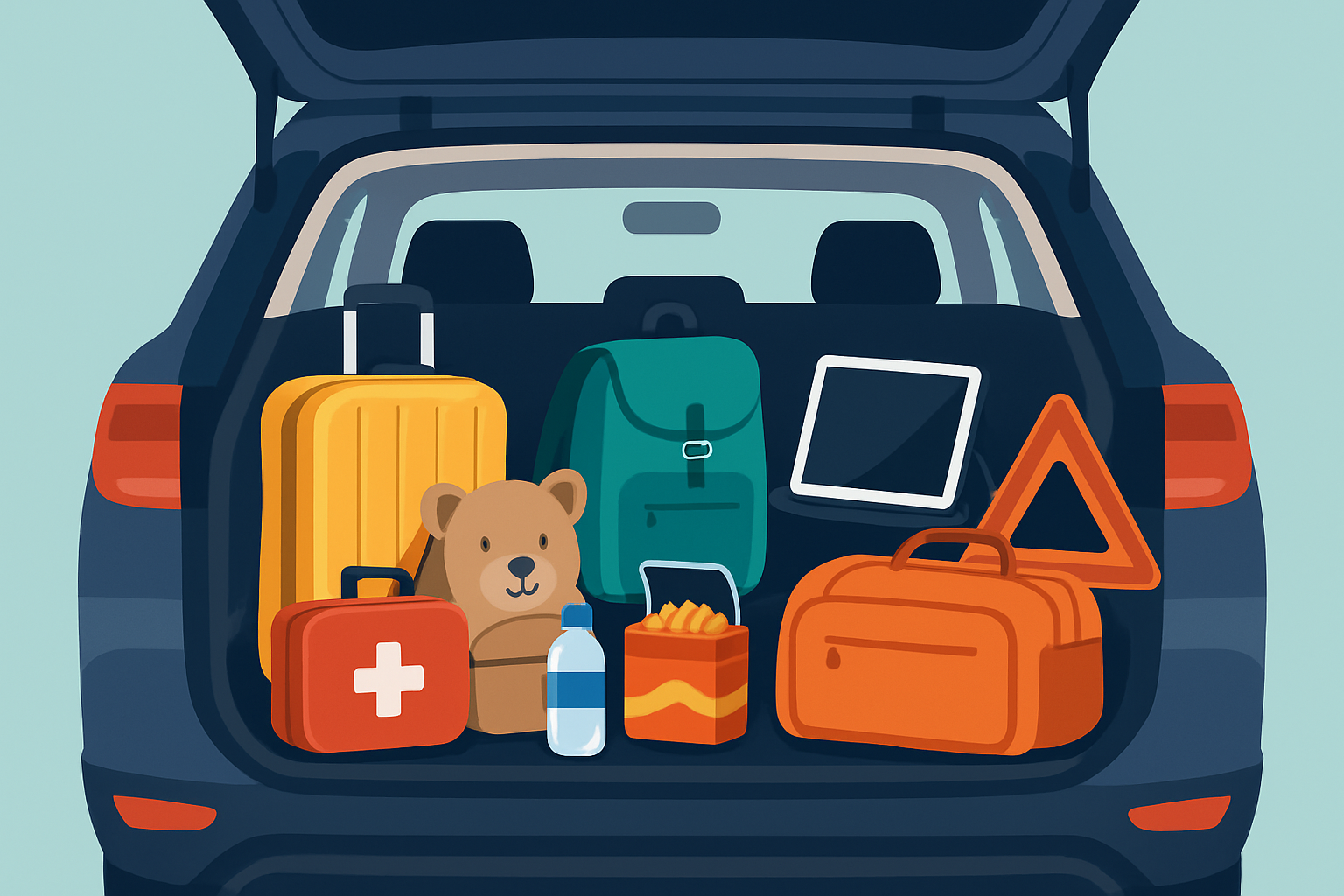 Well-packed family car trunk showing organized travel essentials for a great family road trip