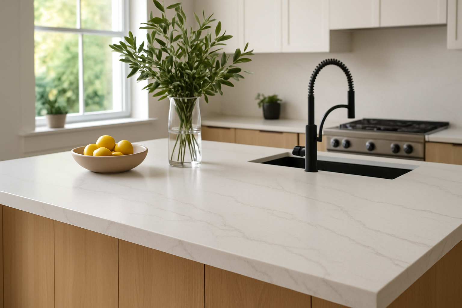 Elegant Cinderella Stone countertop showcasing its polished veining pattern and refined finish in a modern kitchen setup.