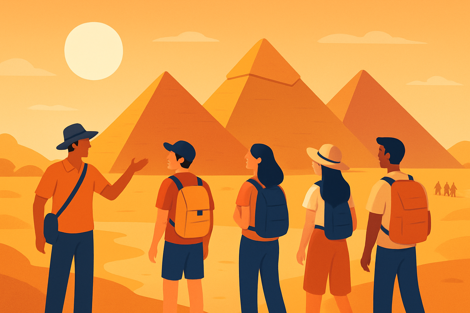 Small group of budget travelers exploring the Pyramids during off-peak season, illustrating cost-effective travel experiences in Egypt.