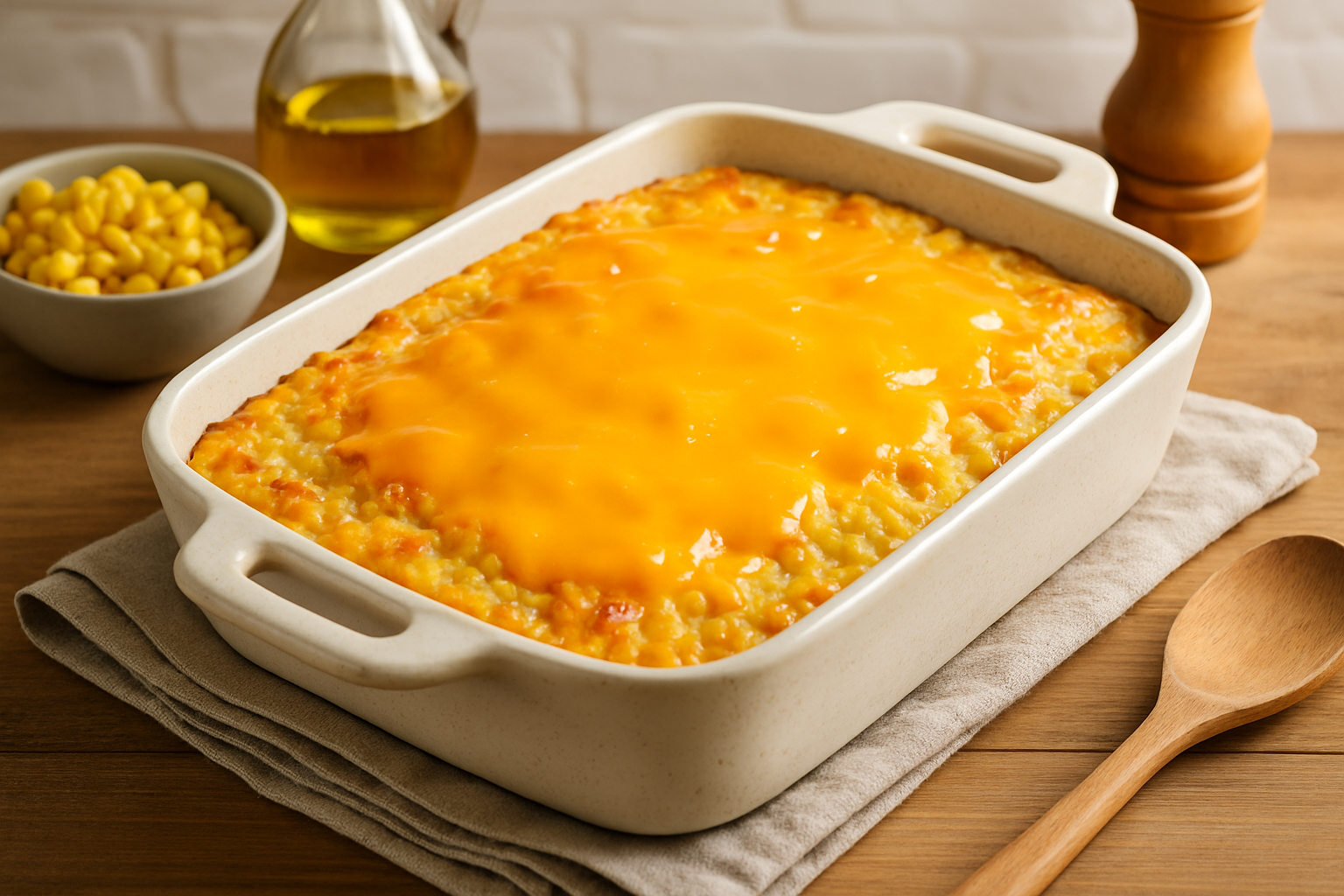 Golden-brown corn casserole topped with melted Velveeta cheese, fresh from the oven.