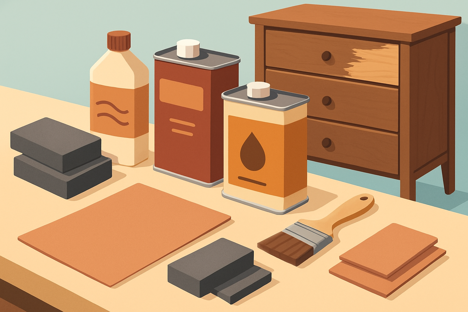 Essential tools and materials for sanding and refinishing veneer furniture set out and ready to use.
