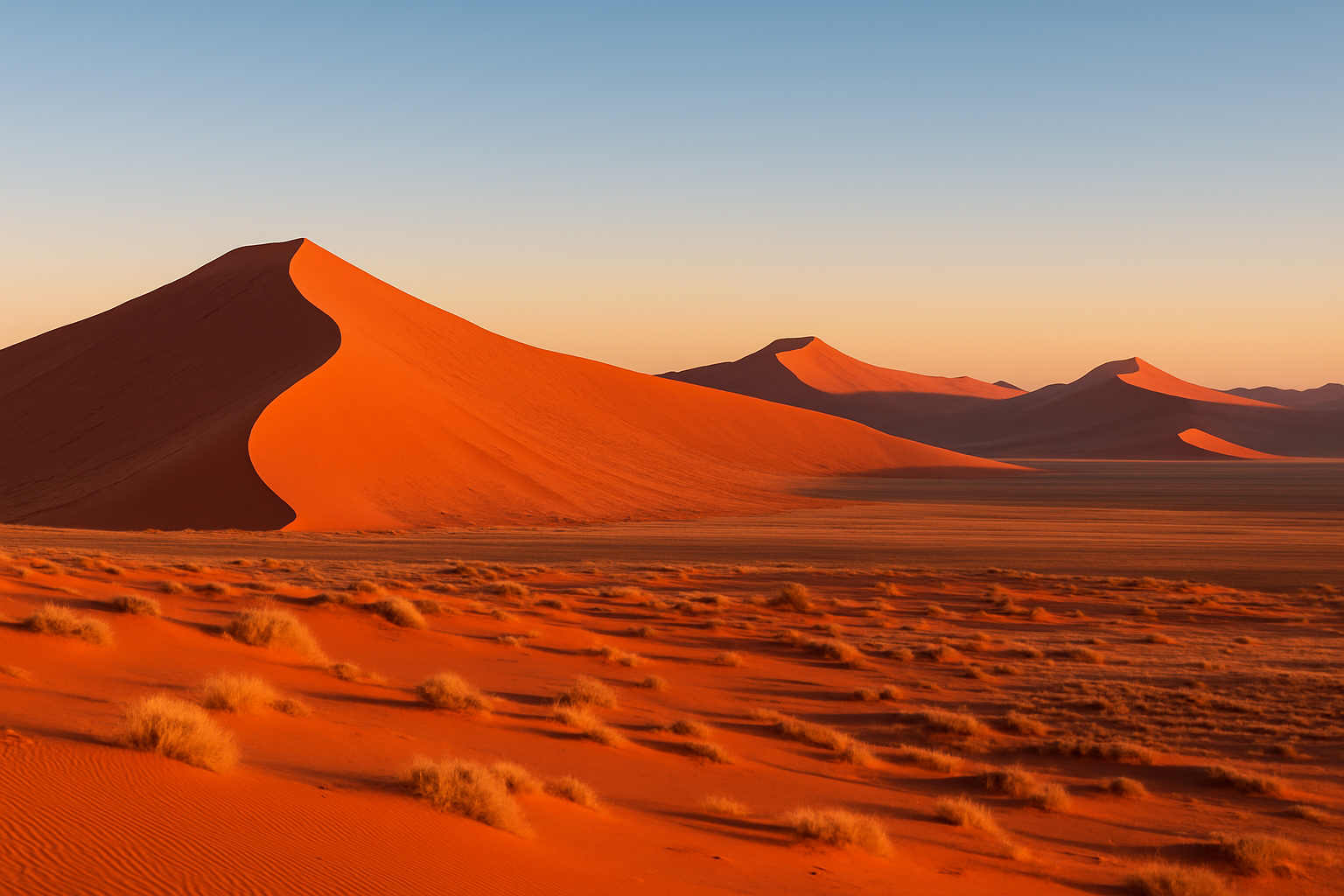 Stunning sunrise over the towering red dunes of Sossusvlei, a highlight destination in Namibia.