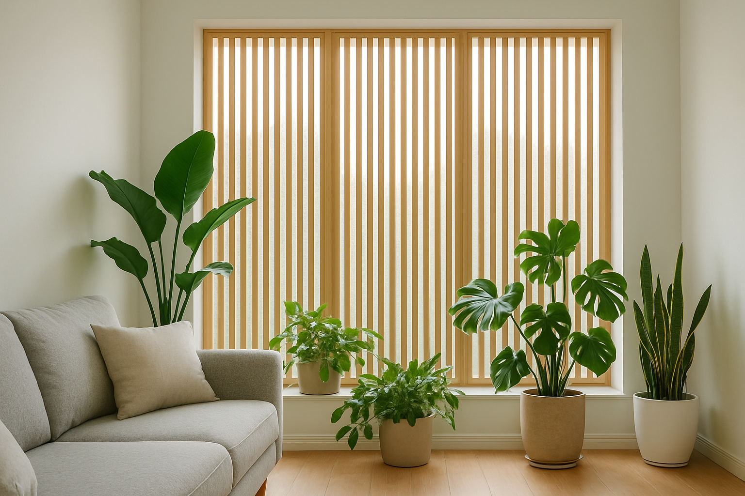 A stylish living room featuring decorative window panels and lush plants that provide privacy without curtains.