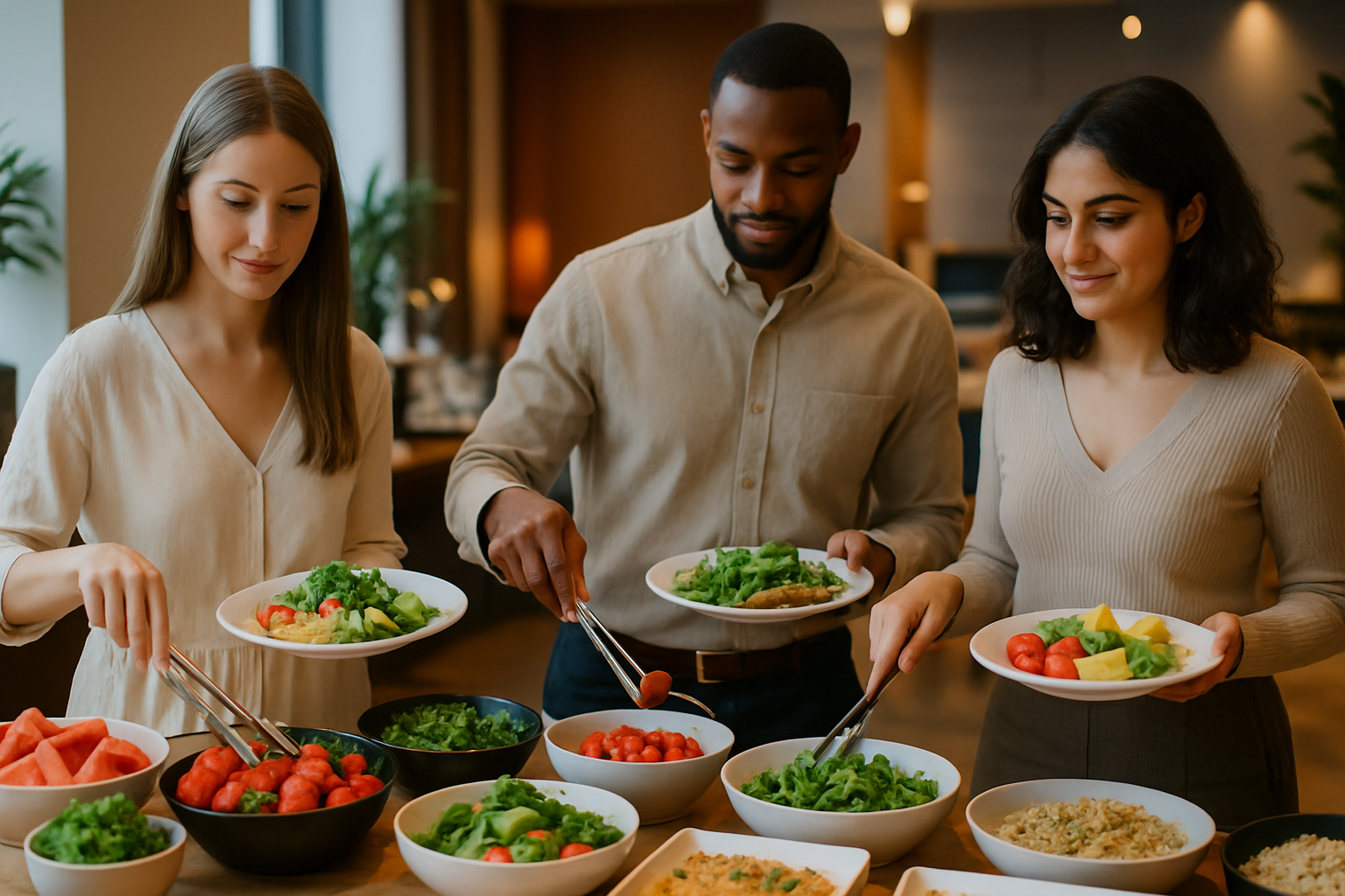 Guests choosing balanced and mindful dishes from a well-organized hotel brunch buffet.
