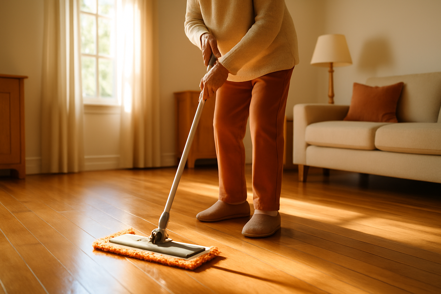 Careful, gentle cleaning of an old wood floor using appropriate tools and methods.