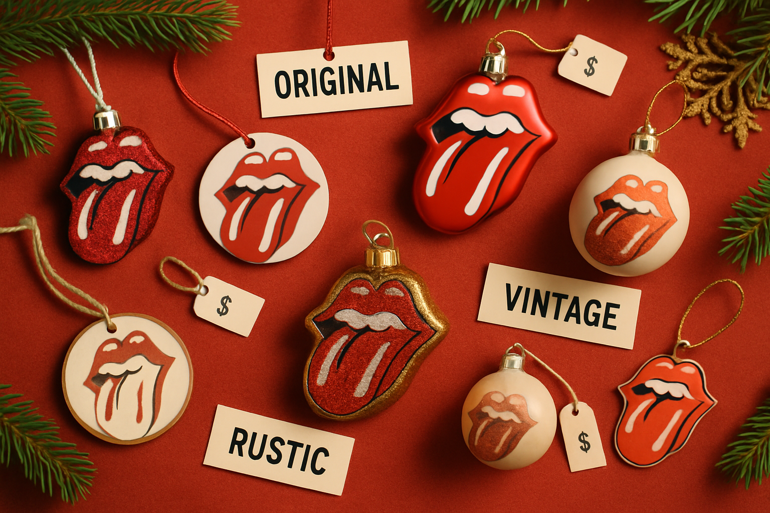 Selection of Rolling Stones ornaments from different sellers showcasing style variety and authenticity indicators.