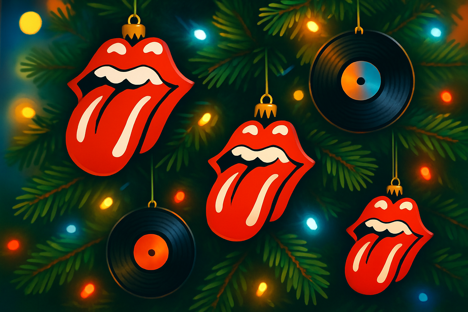 Christmas tree showcasing Rolling Stones themed ornaments that bring a rock 
