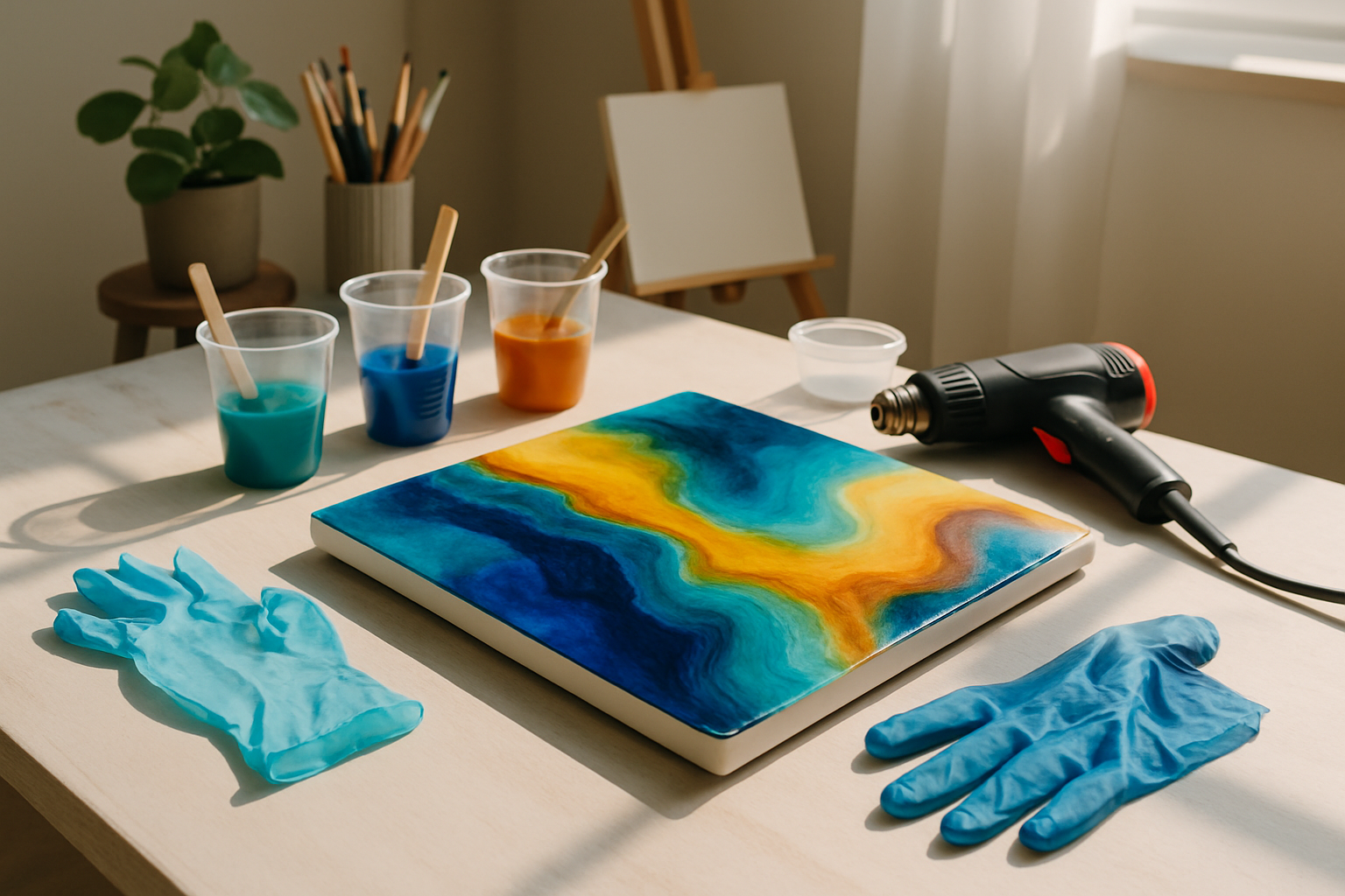 A beginner’s resin art workspace featuring supplies, a mixing cup filled with colored resin, and a resin coaster drying.