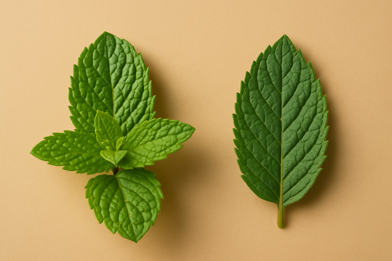 Close-up photos of mojito mint and peppermint leaves highlighting visual differences