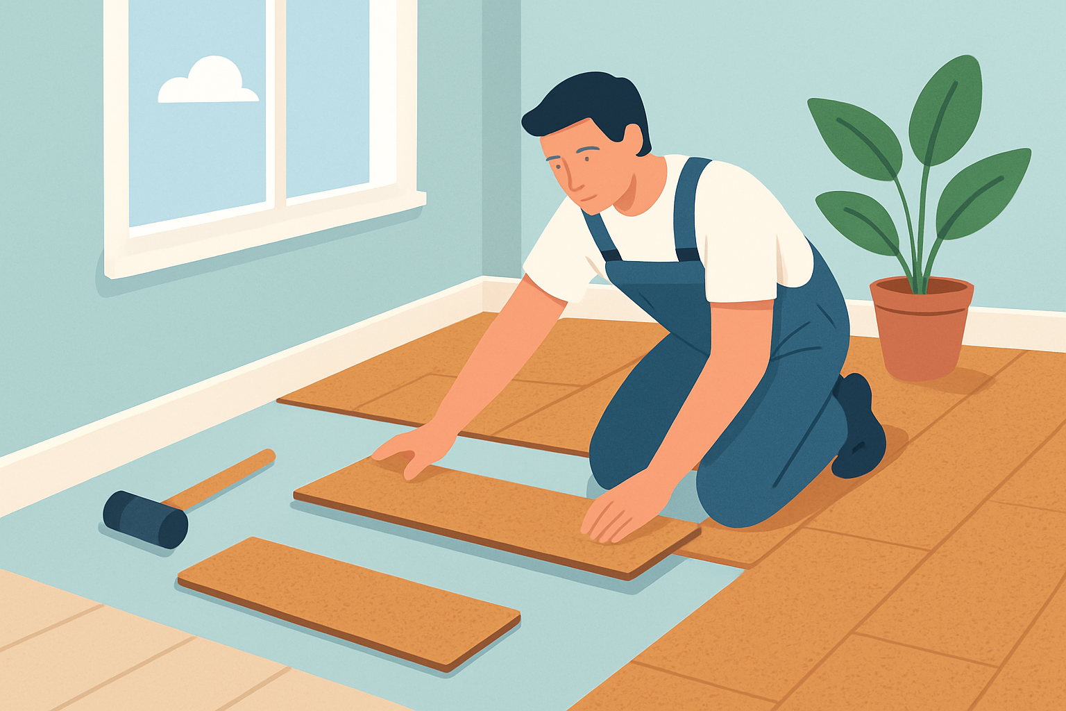 Visual guide showing a homeowner installing cork flooring with tools and planks laid out.