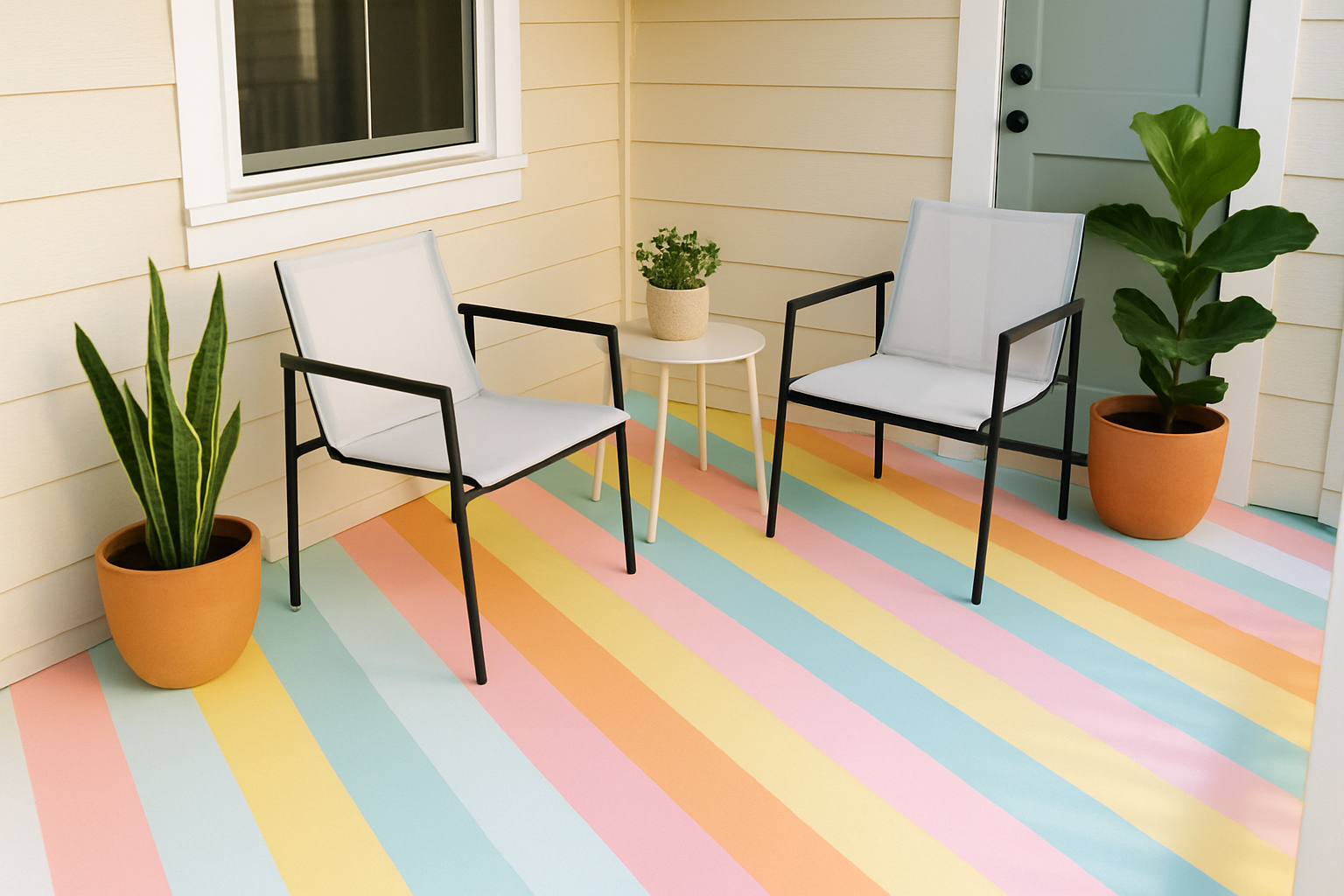 Small porch showcasing diagonal striped painted floor pattern that visually elongates the space.