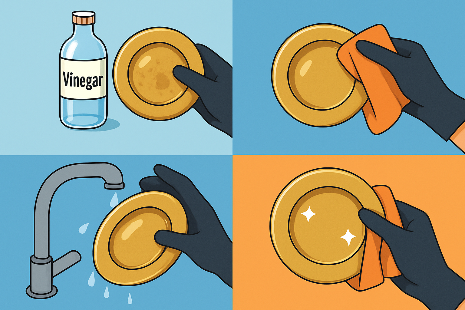 Visual guide illustrating how to safely clean brass with vinegar: preparation, application, rinsing, and polishing steps