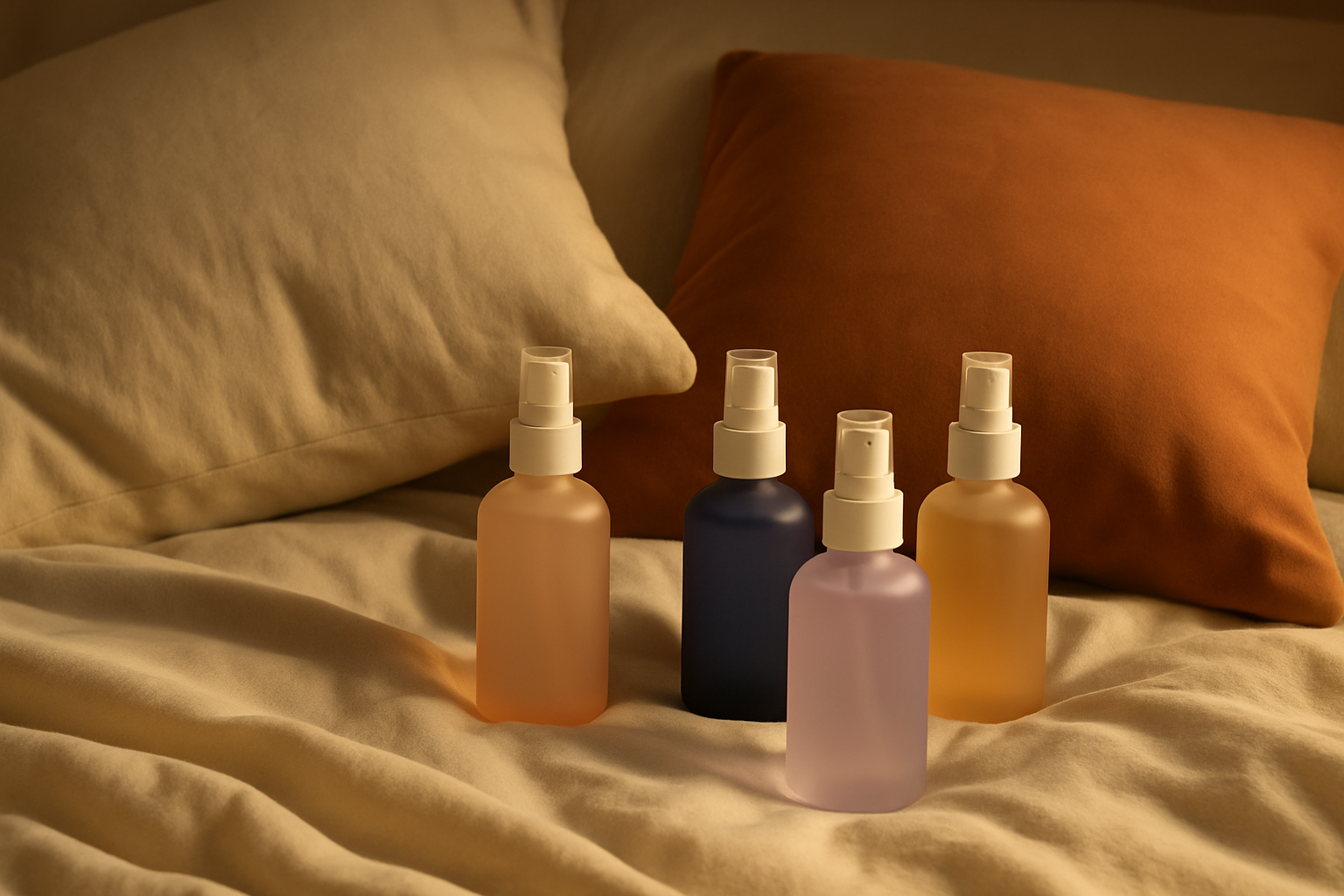 Various sleep pillow mist products displayed on a comfortable bed showcasing packaging and branding