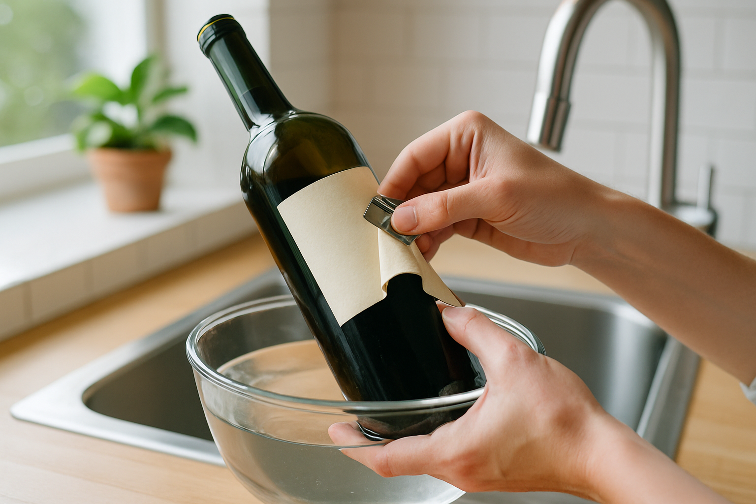 Carefully peeling a wine bottle label after soaking in warm water for a clean removal without damaging the glass.