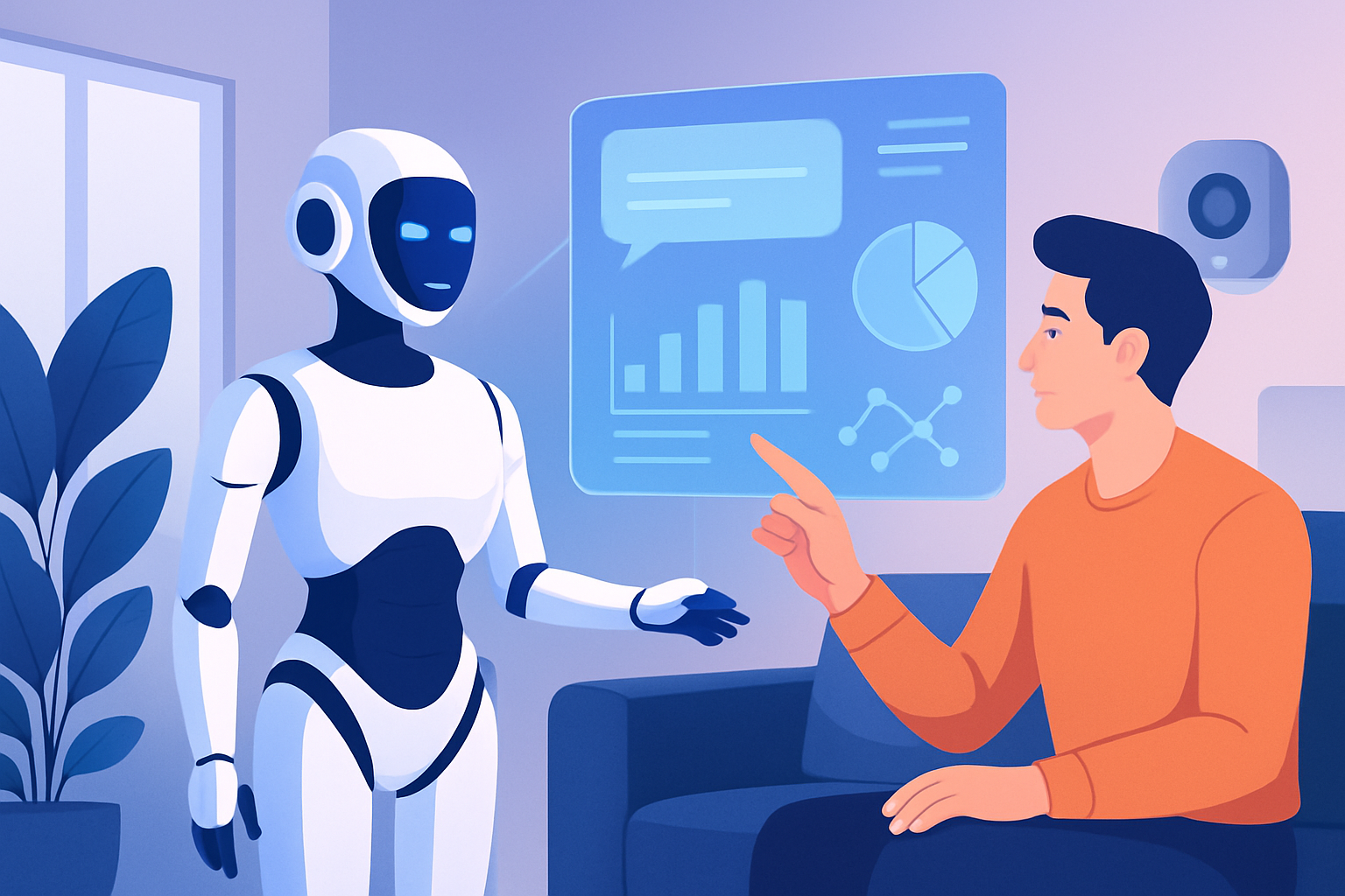 A futuristic AI personal assistant engaging with a user through a holographic interface in a smart home setting.