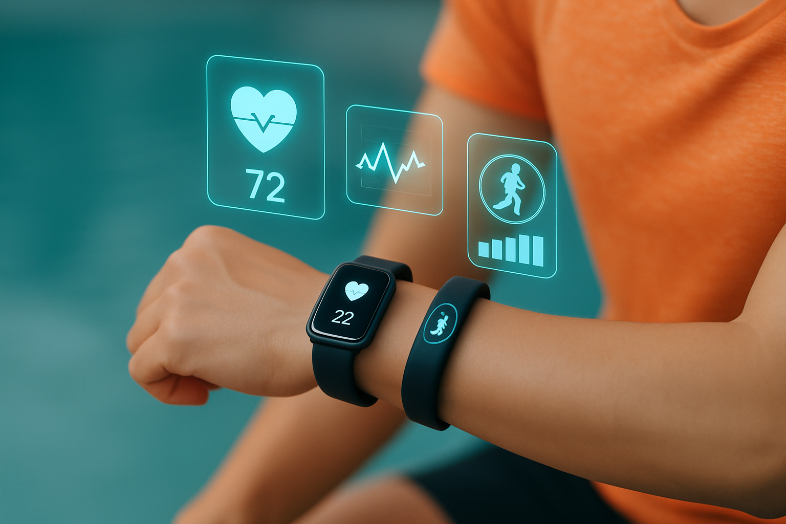 Wearable health monitoring devices displaying real-time biometric data during physical activity.