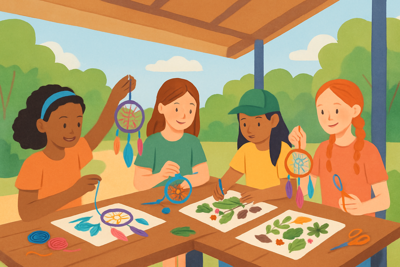 Girls at camp engaging in hands-on crafting, making dream catchers and nature collages to express creativity and bond.