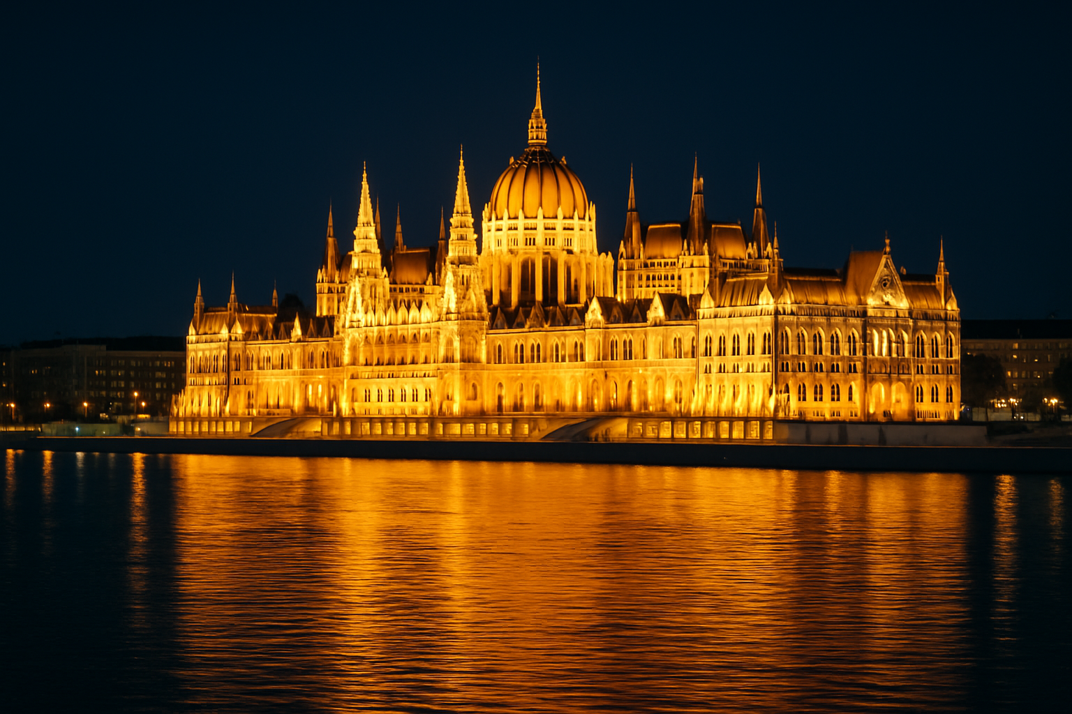 The Hungarian Parliament Building spectacularly lit up at night along the Danube River