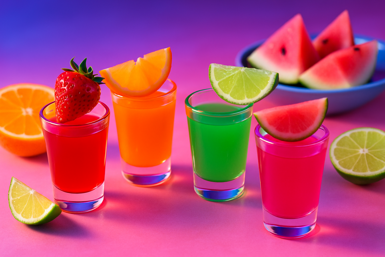 A vibrant collection of sweet gin shots shooters garnished with fresh fruits and herbs, set on a festive table.