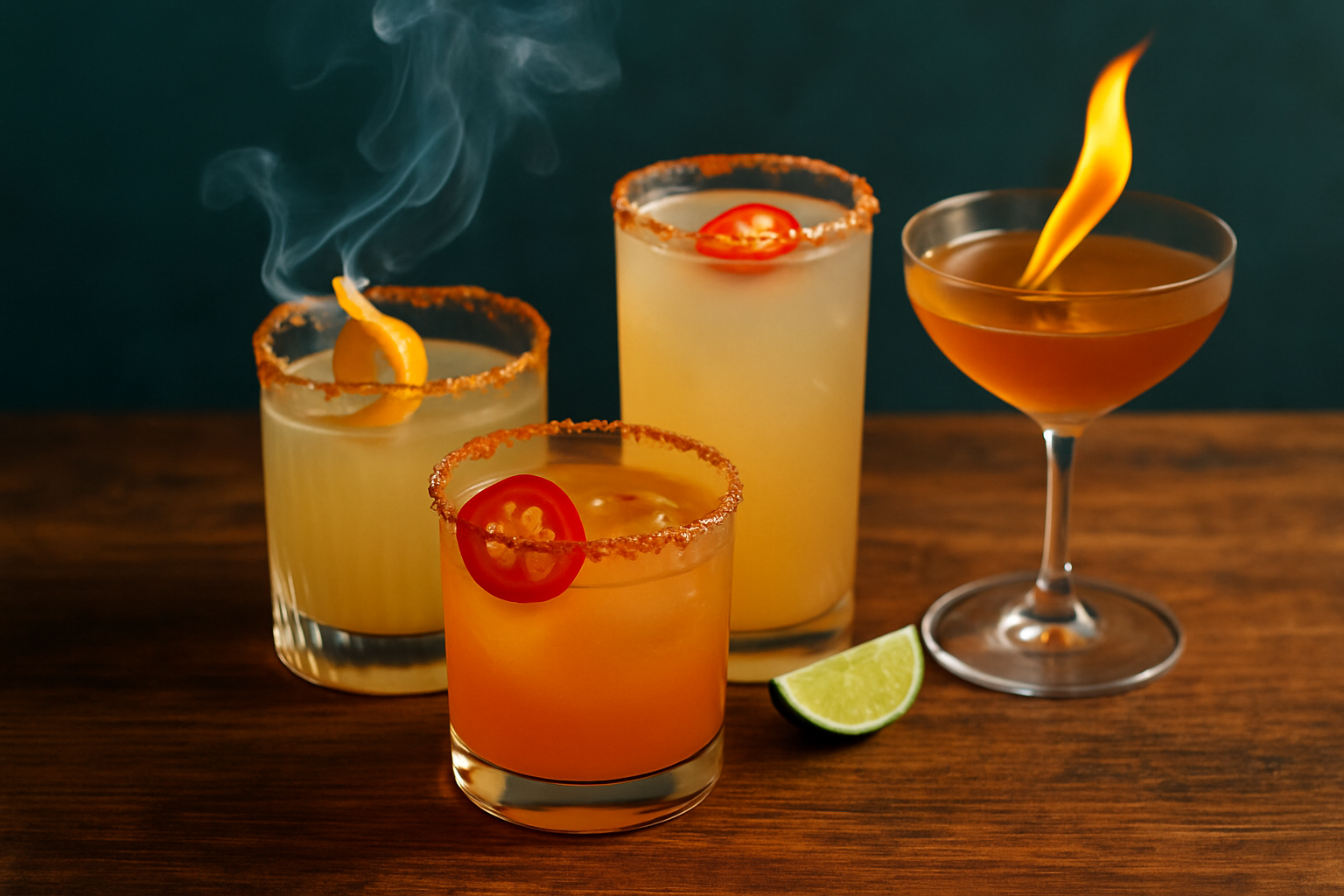 A vibrant spread of spicy mezcal cocktails showcasing diverse garnishes and smoky presentation at a stylish bar
