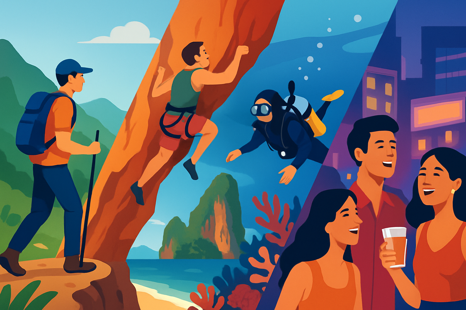 Dynamic collage of adventurous activities in various listed Thai destinations (trekking, rock climbing, diving, nightlife scenes)