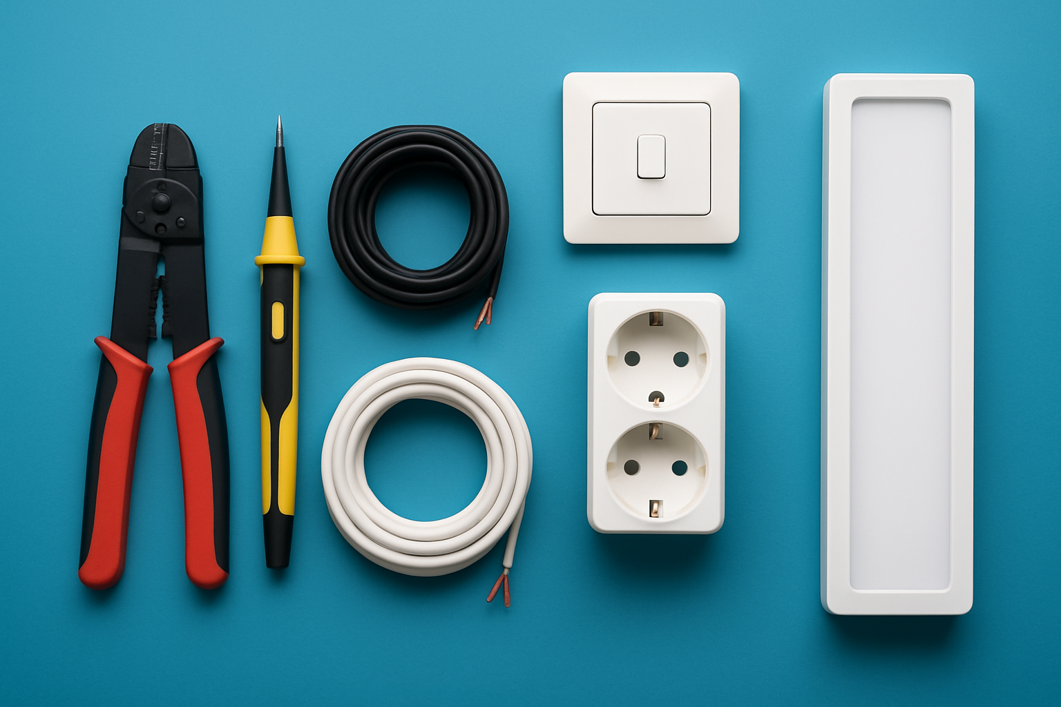 Essential tools and materials prepared for wiring shed lights inside.