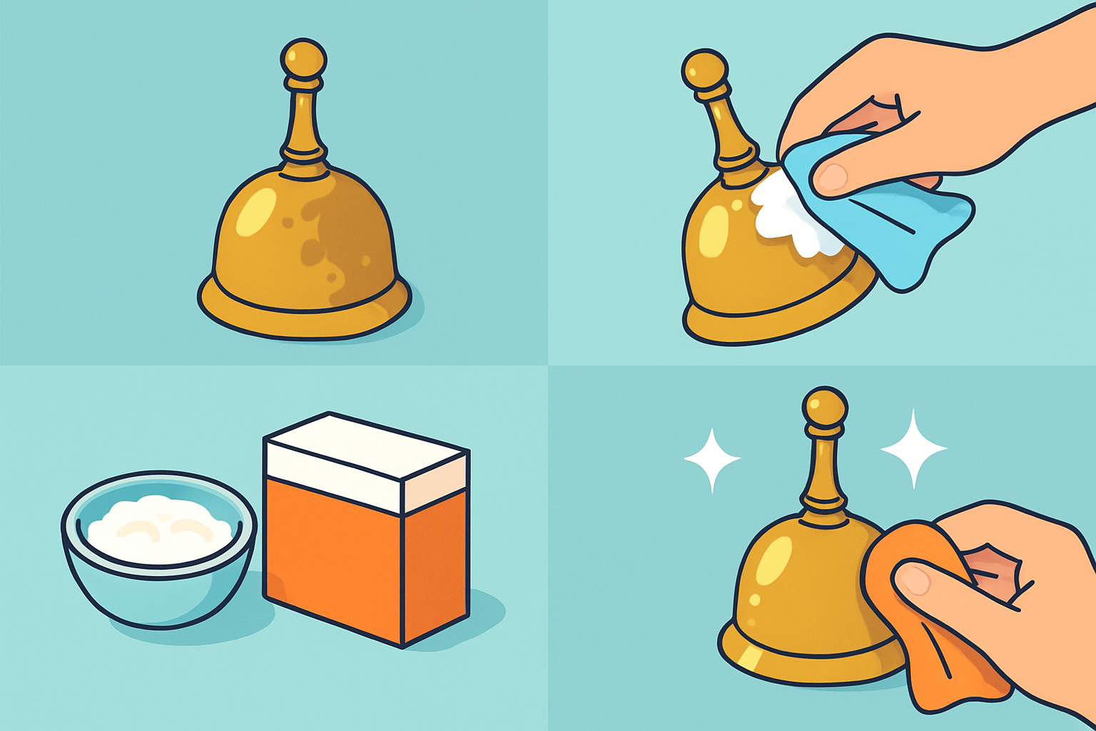 Visual guide demonstrating safe cleaning and restoration of brass with green buildup using household materials