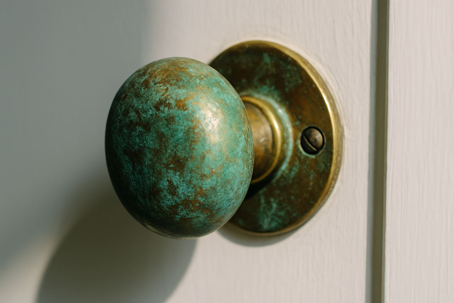 Brass doorknob showing characteristic green verdigris buildup resulting from oxidation