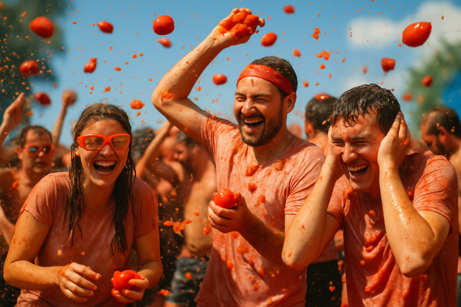 Participants immersed in the chaotic and vibrant tomato fight during La Tomatina in Buñol.