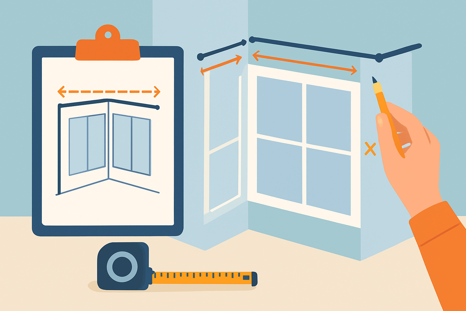 Illustration showing measurement points for corner windows and rod placement on walls
