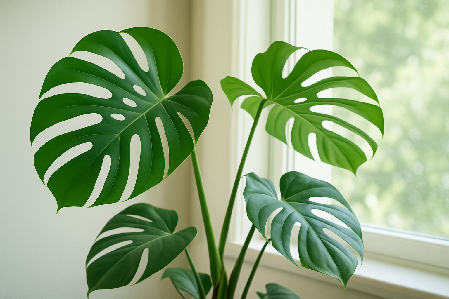 A mature Monstera deliciosa exhibiting well-developed fenestrations on large leaves, placed beside a bright window.