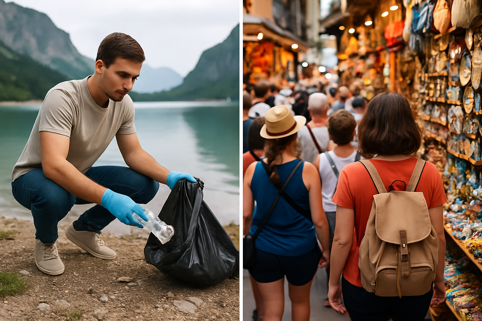 Photo illustrating responsible traveler behavior contrasted with typical tourist activities