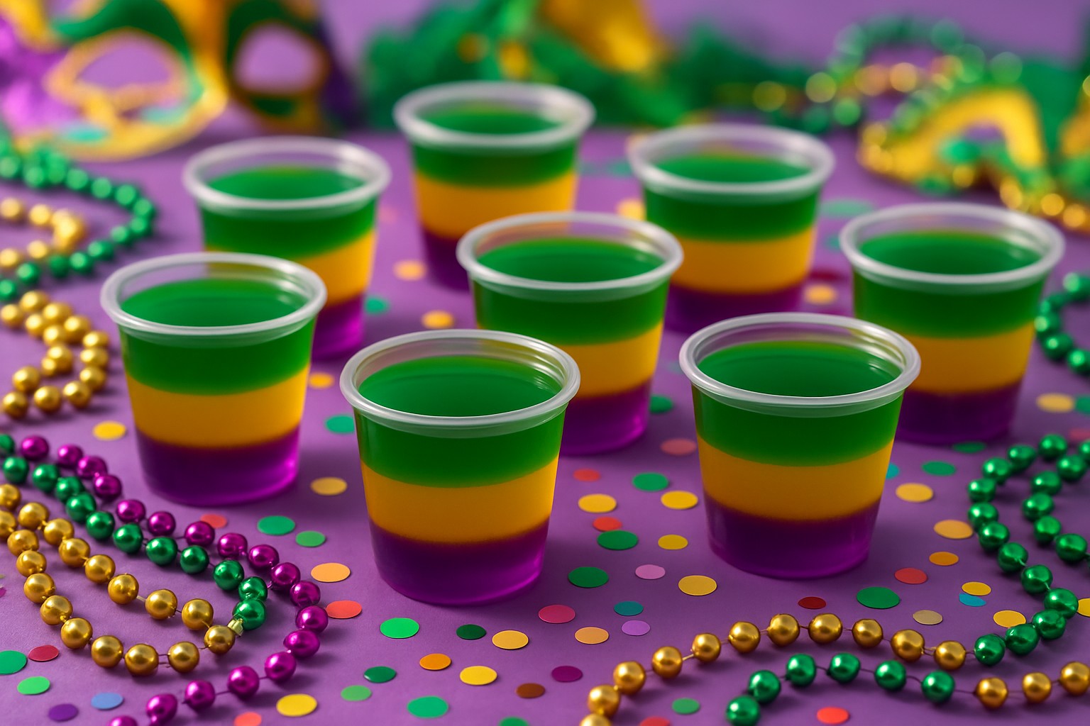 Mardi Gras Jello Shots with Purple Gold and Green Layers