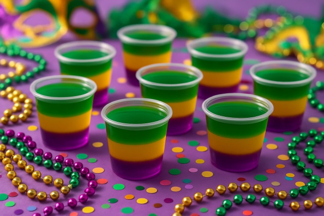 Mardi Gras Jello Shots with Purple Gold and Green Layers