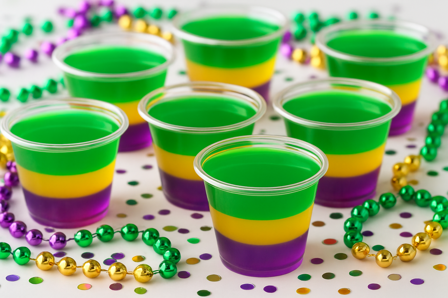 Colorful Mardi Gras jello shots showcasing the signature purple, gold, and green layers, ready to serve at a festive party.