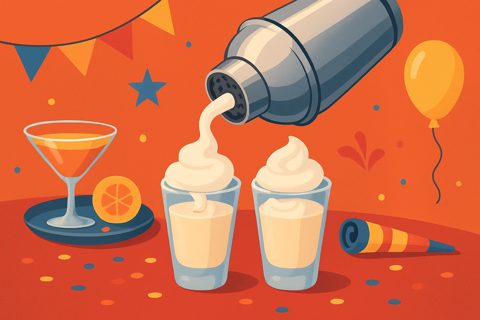 Creamy whip shots being poured from a shaker into chilled shot glasses, ready for party serving