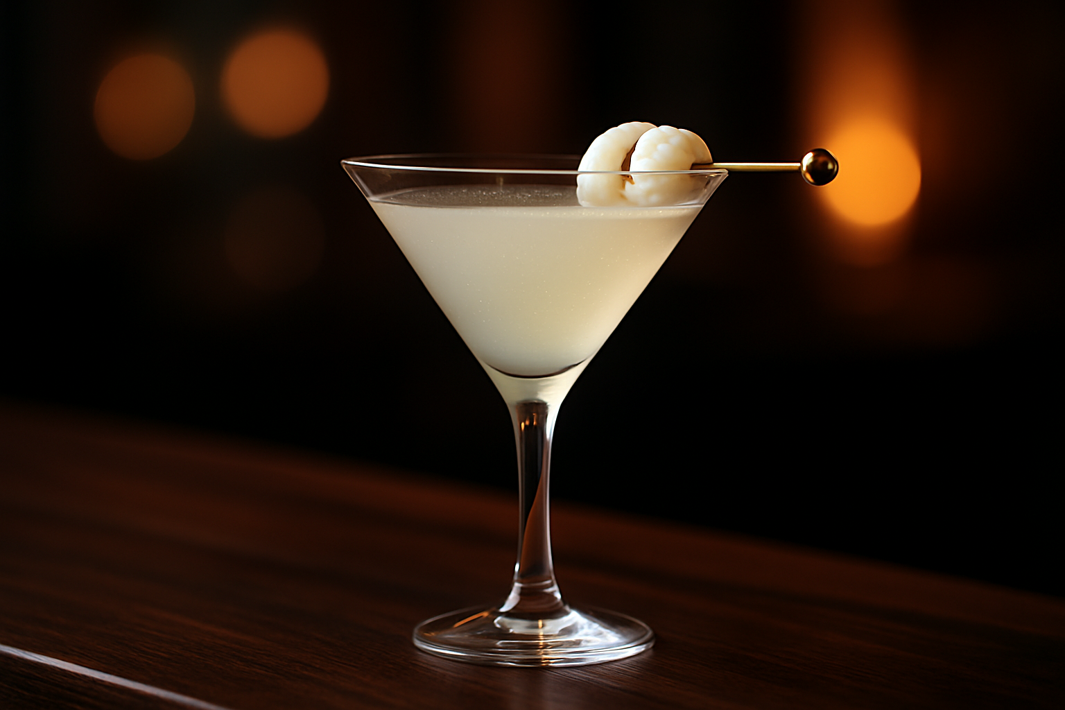 A pristine lychee martini cocktail garnished with a whole lychee and lime twist, showcasing its delicate pink hue.