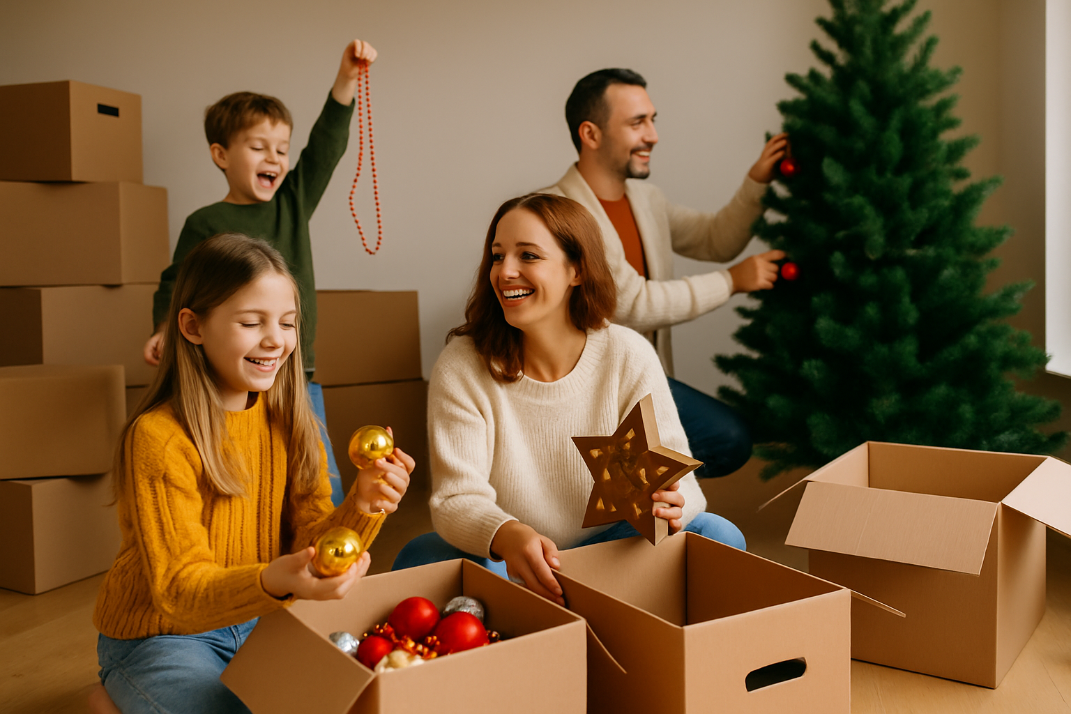 A family unpacking boxes and setting up Christmas decorations in their new home, filled with excitement and warmth.