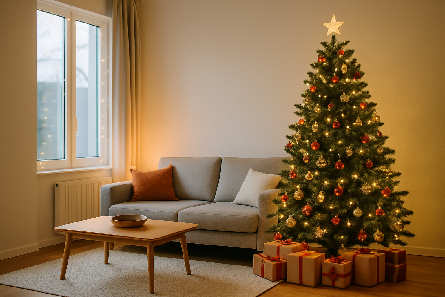 Warm and inviting living room of a new house decorated beautifully for the first Christmas celebration.