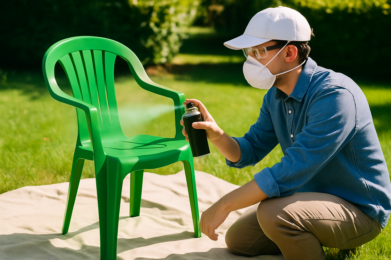 Applying spray paint evenly on plastic outdoor furniture with protective gear and proper setup