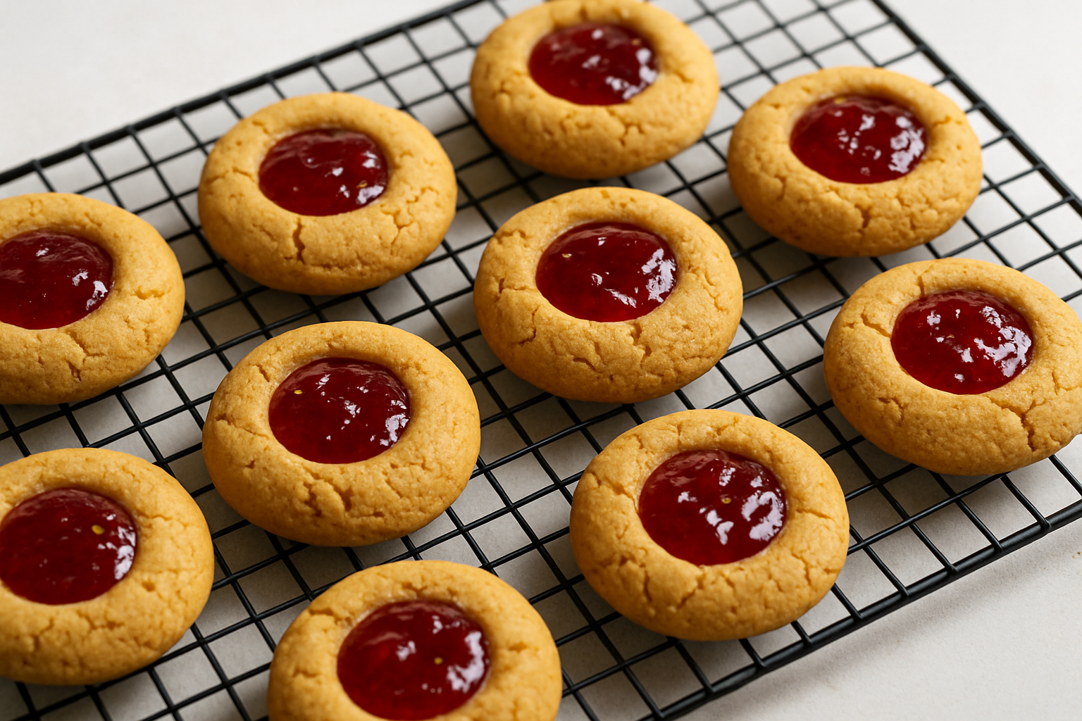 Freshly baked peanut butter and jelly cookies cooling on a rack, showcasing the golden texture and vibrant jelly centers.