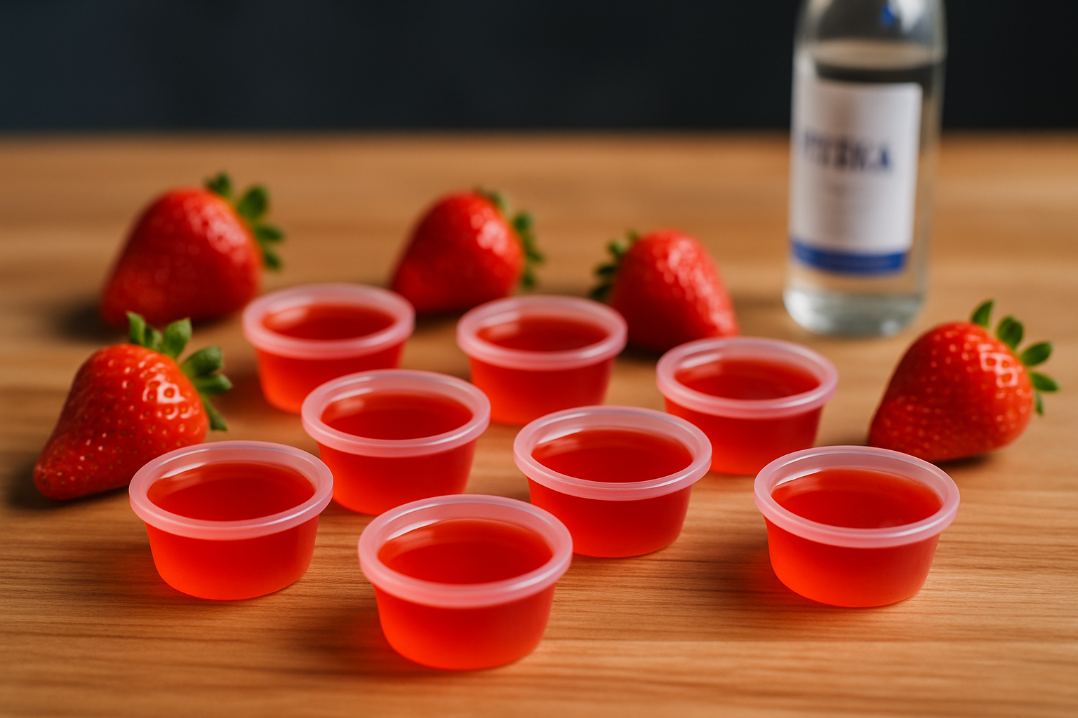 Freshly made strawberry and vodka jello shots set in molds, ready to chill
