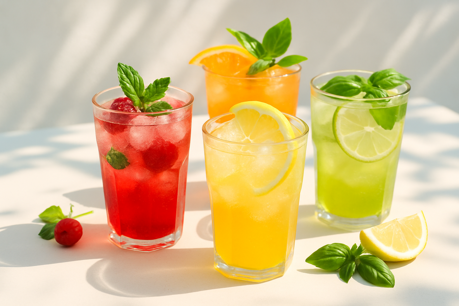 Colorful Italian soda drinks showcasing multiple top flavors in clear glasses with ice and garnishes