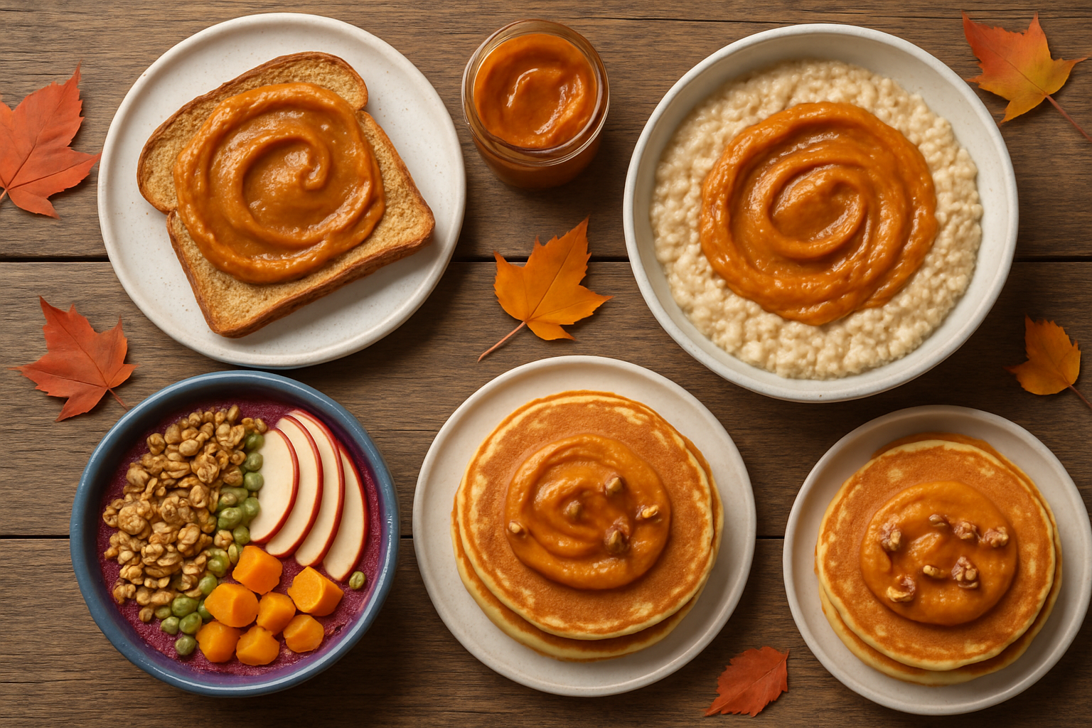 An inviting fall breakfast table showcasing pumpkin butter in various dishes like toast, oatmeal, pancakes, and smoothie bowls.