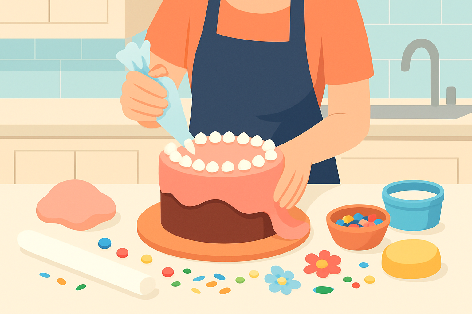 A step-by-step process showing a beginner applying edible cake decorations including smoothing buttercream and piping flowers.