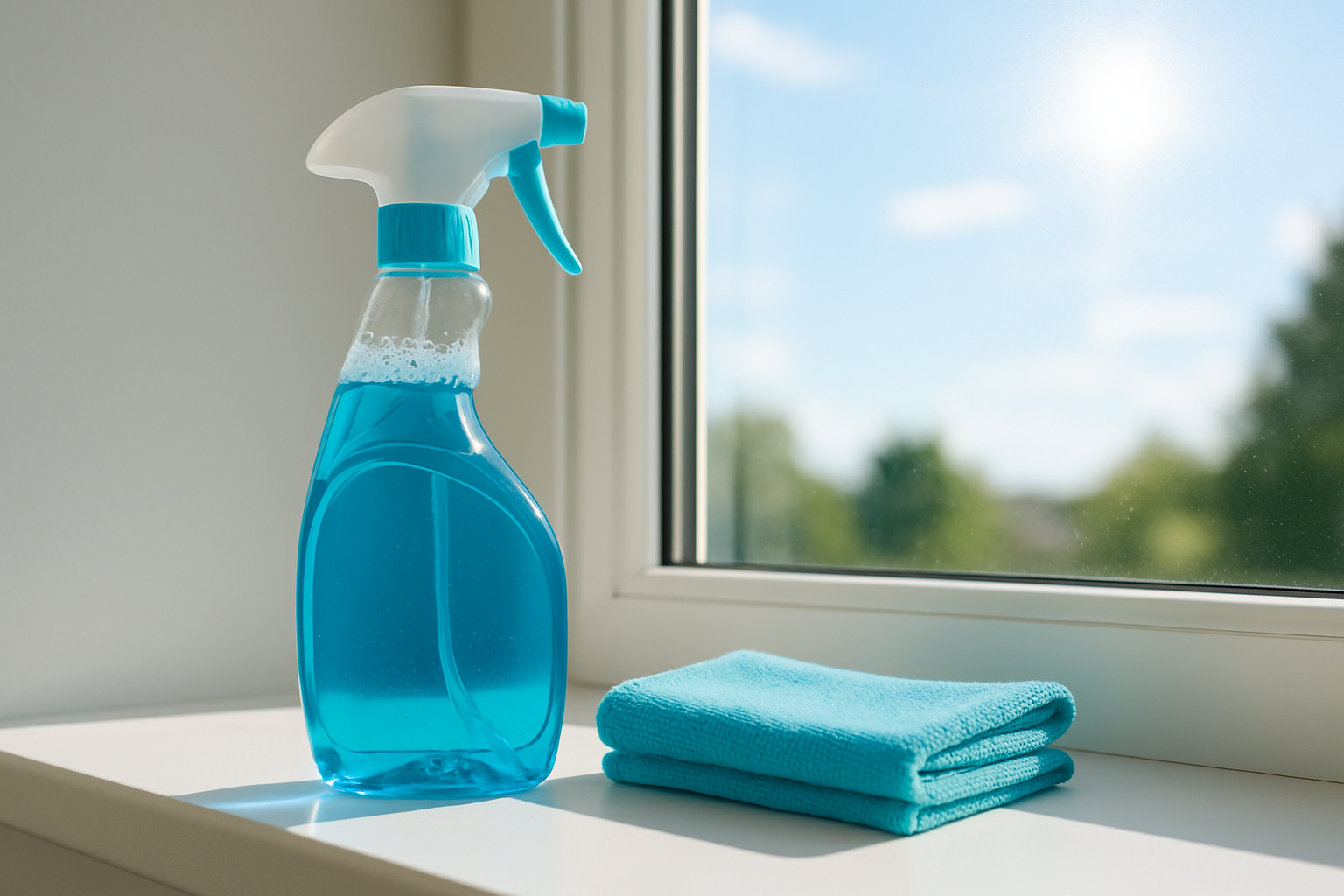 Affordable window cleaner bottle beside microfiber cloth on a spotless glass window