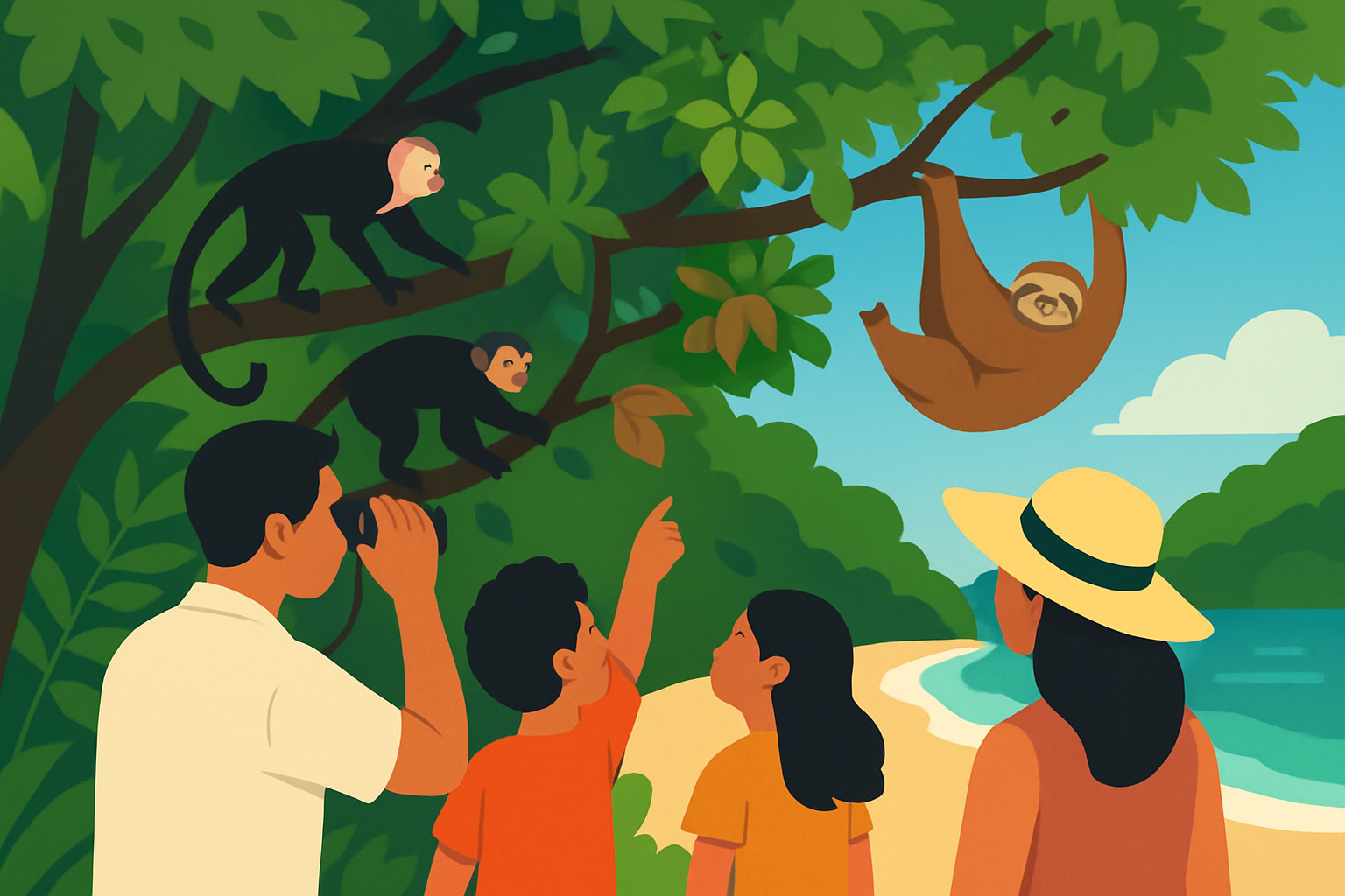 Family enjoying wildlife spotting at Manuel Antonio National Park