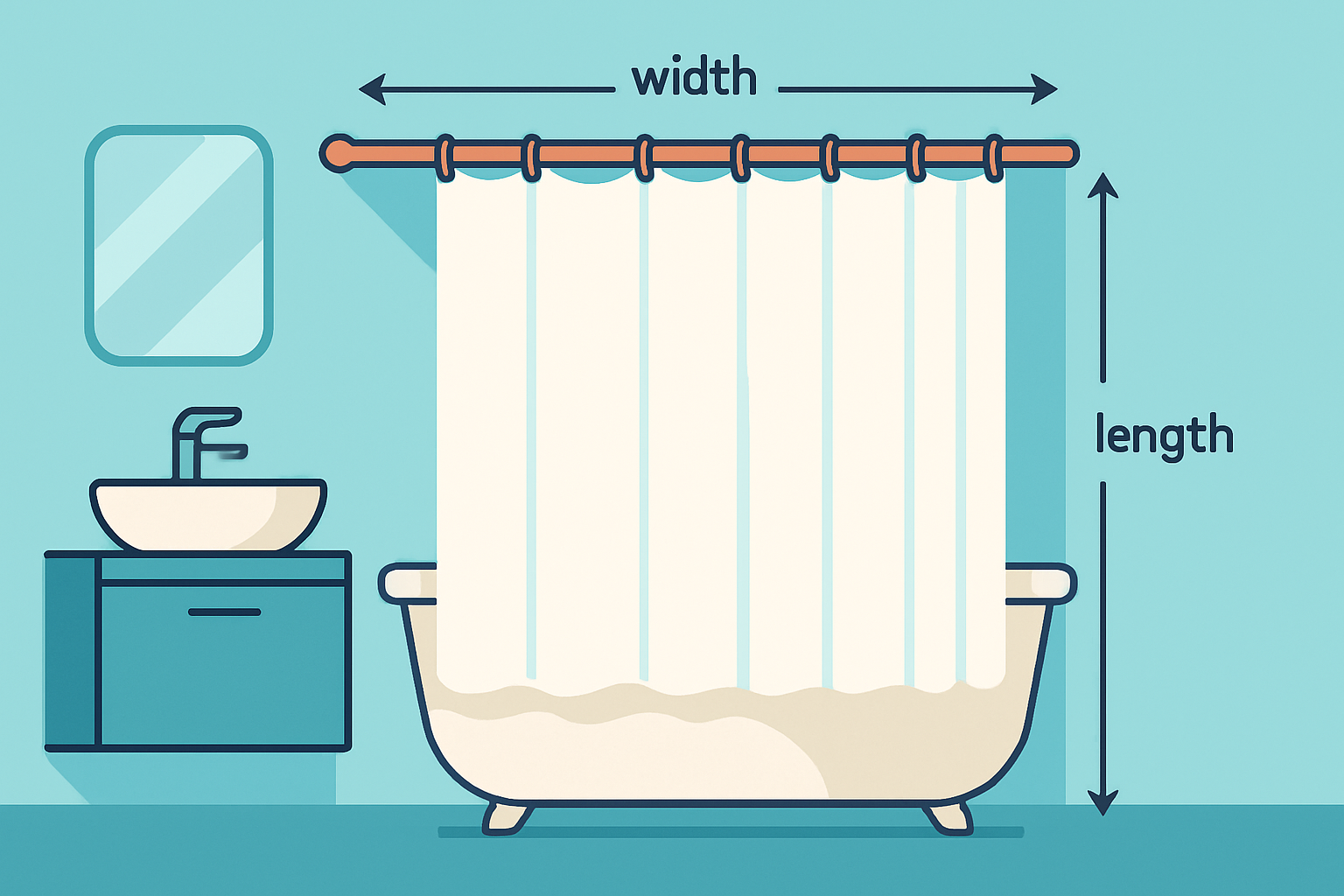 Illustration showing how to measure shower curtain width and length correctly in a typical bathroom setup.